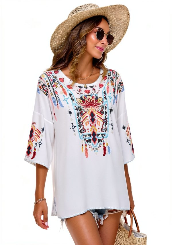 LauraKlein Women Mexican Embroidered Shirt for Women Bohemian Style Top Blouse 3/4 Sleeve Summer Casual Tunics-4