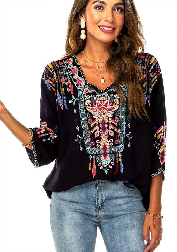 LauraKlein Women Mexican Embroidered Shirt for Women Bohemian Style Top Blouse 3/4 Sleeve Summer Casual Tunics-0