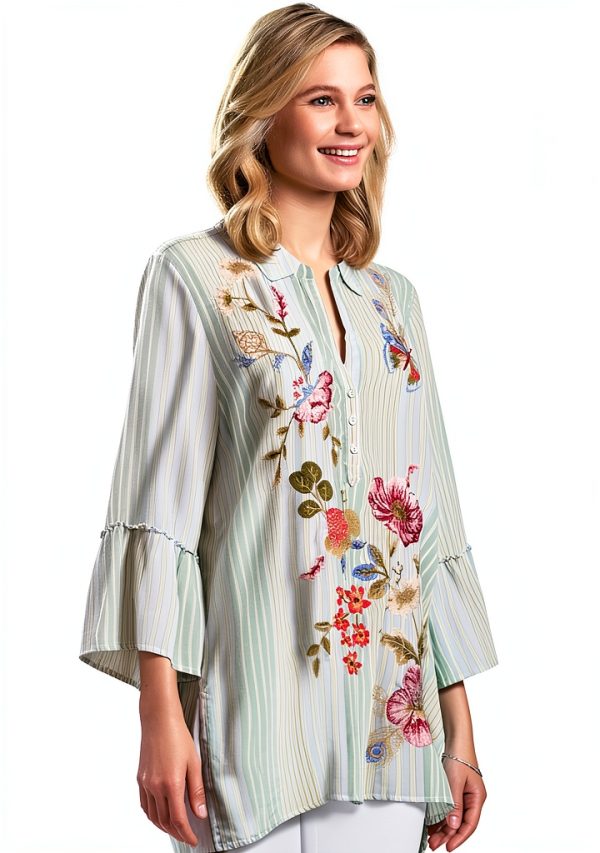 Johnny Was Women's Ruffle Sleeve Henley Tunic - Florrie Zilly Stripe-1