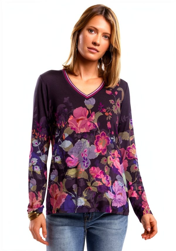 Johnny Was Janie Favorite Long Floral Tee - Purple V-Neck XL-2