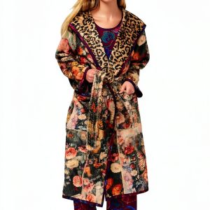Johnny Was Bellina Leopard Reversible Robe with Floral Brown Large-0