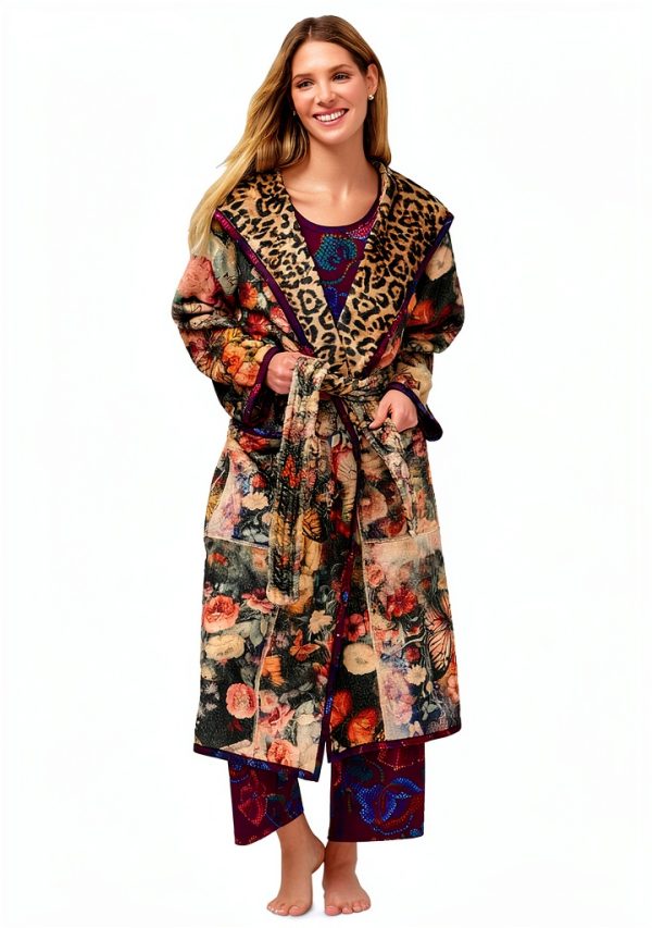 Johnny Was Bellina Leopard Reversible Robe with Floral Brown Large-0
