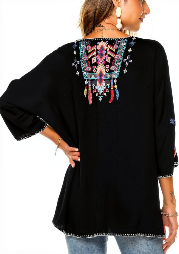LauraKlein Women Mexican Embroidered Shirt for Women Bohemian Style Top Blouse 3/4 Sleeve Summer Casual Tunics-1