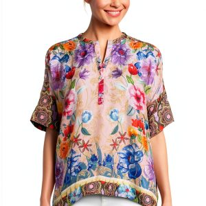Women's Louella Blouse by Johnny Was Silk Print Deco Scarf-0